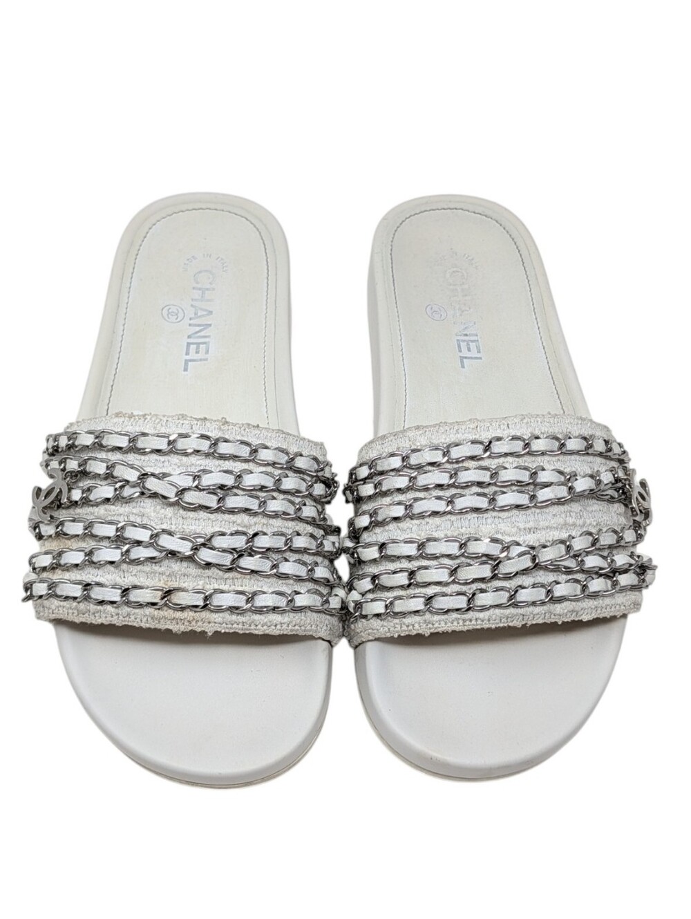 Chanel White Tweed Silver Chain Interlocking CC Charm Slide Sandals Size EU 39